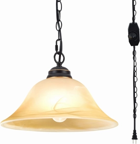 Plug in Pendant Light Fixture with Retro Alabaster Glass Shade, Black & Gold Hanging Lamp with Dimmable Switch,16.4Ft Cord & 14.7Ft Chain for Kitchen Sink Corner Nook