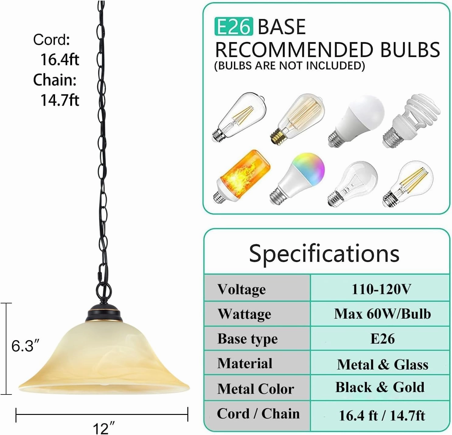Plug in Pendant Light Fixture with Retro Alabaster Glass Shade, Black & Gold Hanging Lamp with Dimmable Switch,16.4Ft Cord & 14.7Ft Chain for Kitchen Sink Corner Nook