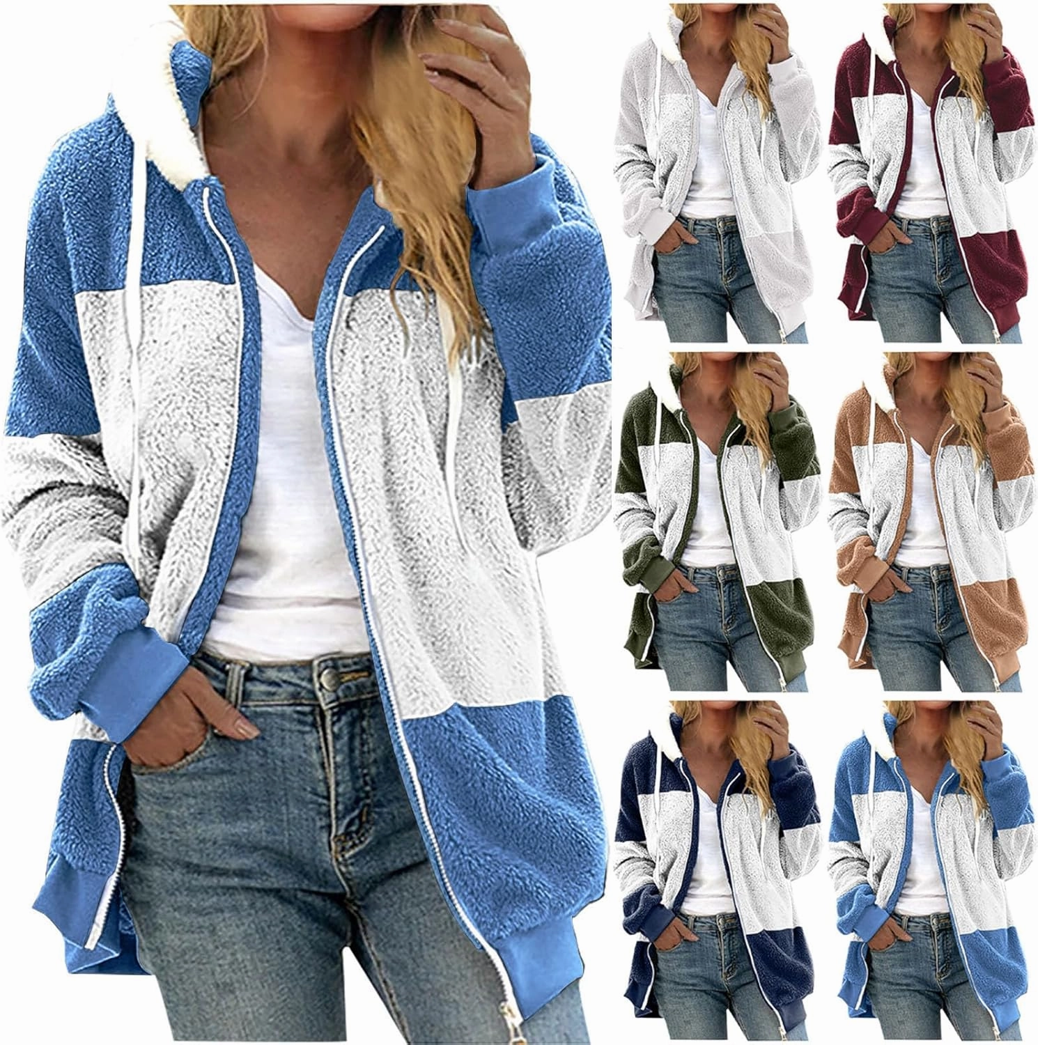 Plus Size Warm Winter Coats For Women 2024 Cute Hooded Sherpa Fleece Jacket Color Block Zip Up Fuzzy Fluffy Outwear