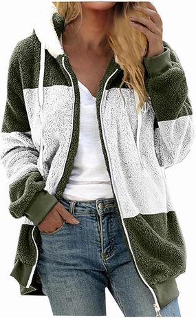 Plus Size Warm Winter Coats For Women 2024 Cute Hooded Sherpa Fleece Jacket Color Block Zip Up Fuzzy Fluffy Outwear