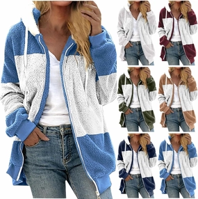 Plus Size Warm Winter Coats For Women 2024 Cute Hooded Sherpa Fleece Jacket Color Block Zip Up Fuzzy Fluffy Outwear
