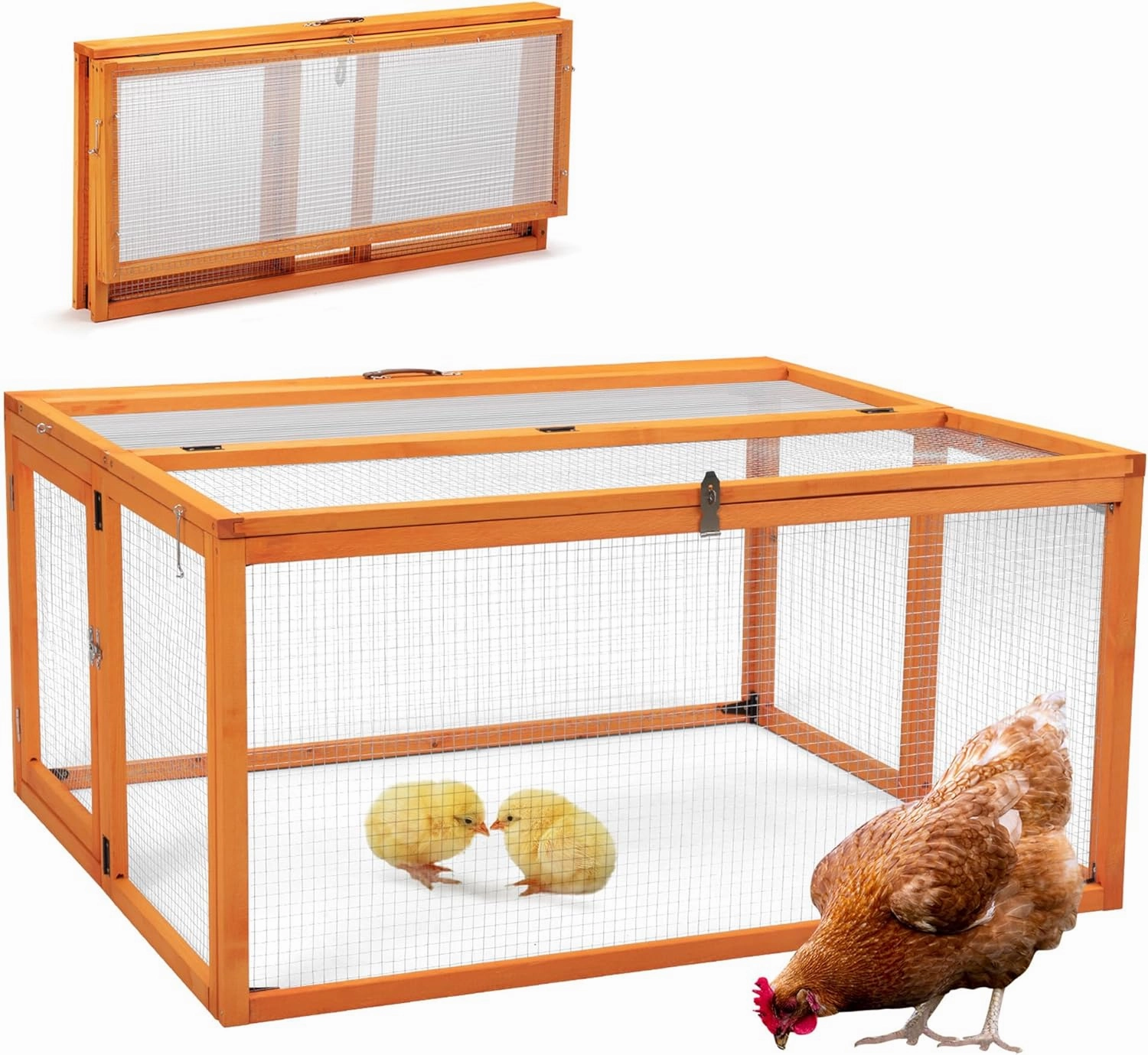 Portable Chicken Coop with UV-Proof Panel, 4X Garden Stakes, Wooden Rabbit Hutch, Chicken Brooder Box Indoor, Outdoor Folding Chicken Cage, Top & Side Openable Doors, 45.3Inch (Orange)