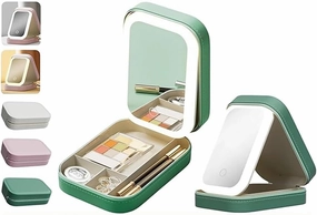 Portable LED Makeup Bag with Adjustable Light-Up Mirror - Three-Color Lighting | Dust-Proof Cosmetic Case with Multi-Compartment Storage and Jewelry Organizer (Green)