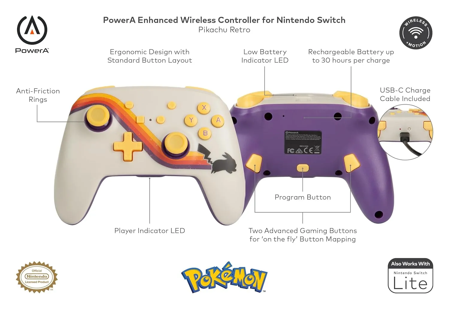 PowerA Enhanced Wireless Controller for Nintendo Switch Pokemon Pikachu Retro - White
