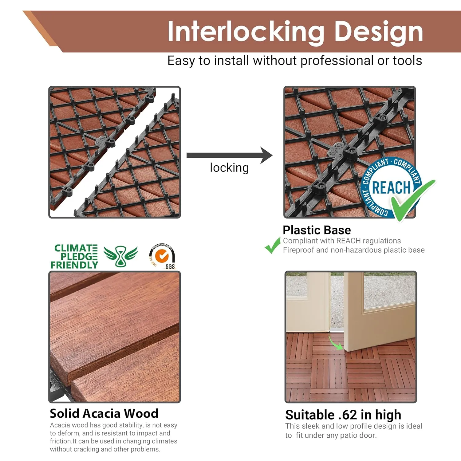 PrimeZone 162 PCS Solid Acacia Wood Interlocking Patio Deck Tiles - 12" x 12" Indoor Outdoor Waterproof Flooring Tiles for Balcony, Backyard, Garden & Poolside, All Weather Use, Brown