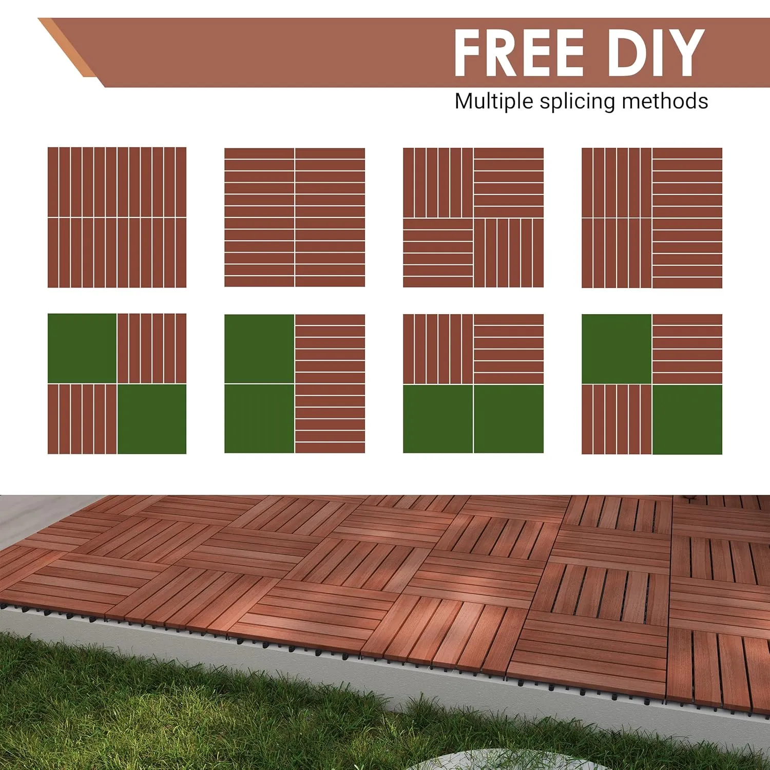 PrimeZone 162 PCS Solid Acacia Wood Interlocking Patio Deck Tiles - 12" x 12" Indoor Outdoor Waterproof Flooring Tiles for Balcony, Backyard, Garden & Poolside, All Weather Use, Brown