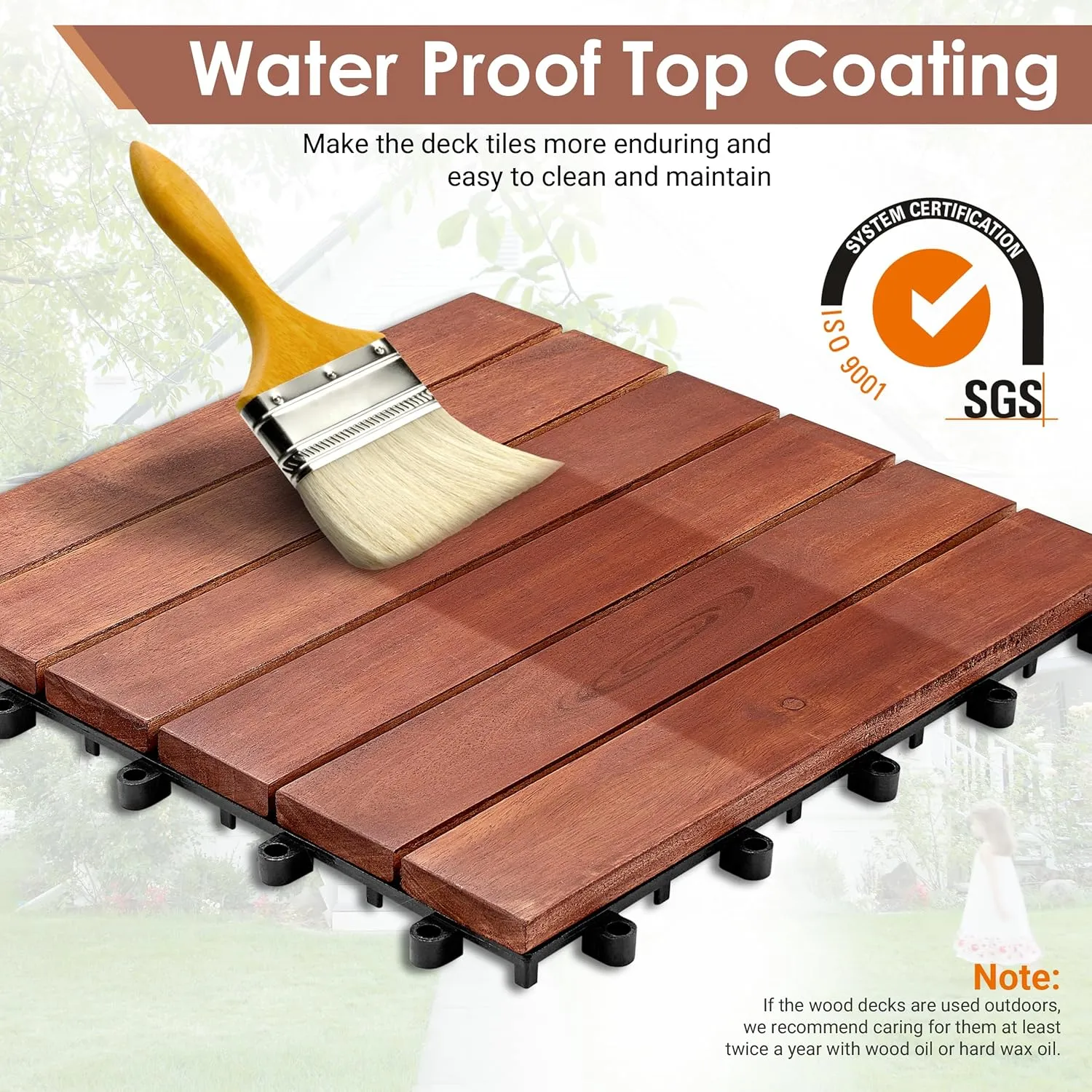 PrimeZone 162 PCS Solid Acacia Wood Interlocking Patio Deck Tiles - 12" x 12" Indoor Outdoor Waterproof Flooring Tiles for Balcony, Backyard, Garden & Poolside, All Weather Use, Brown