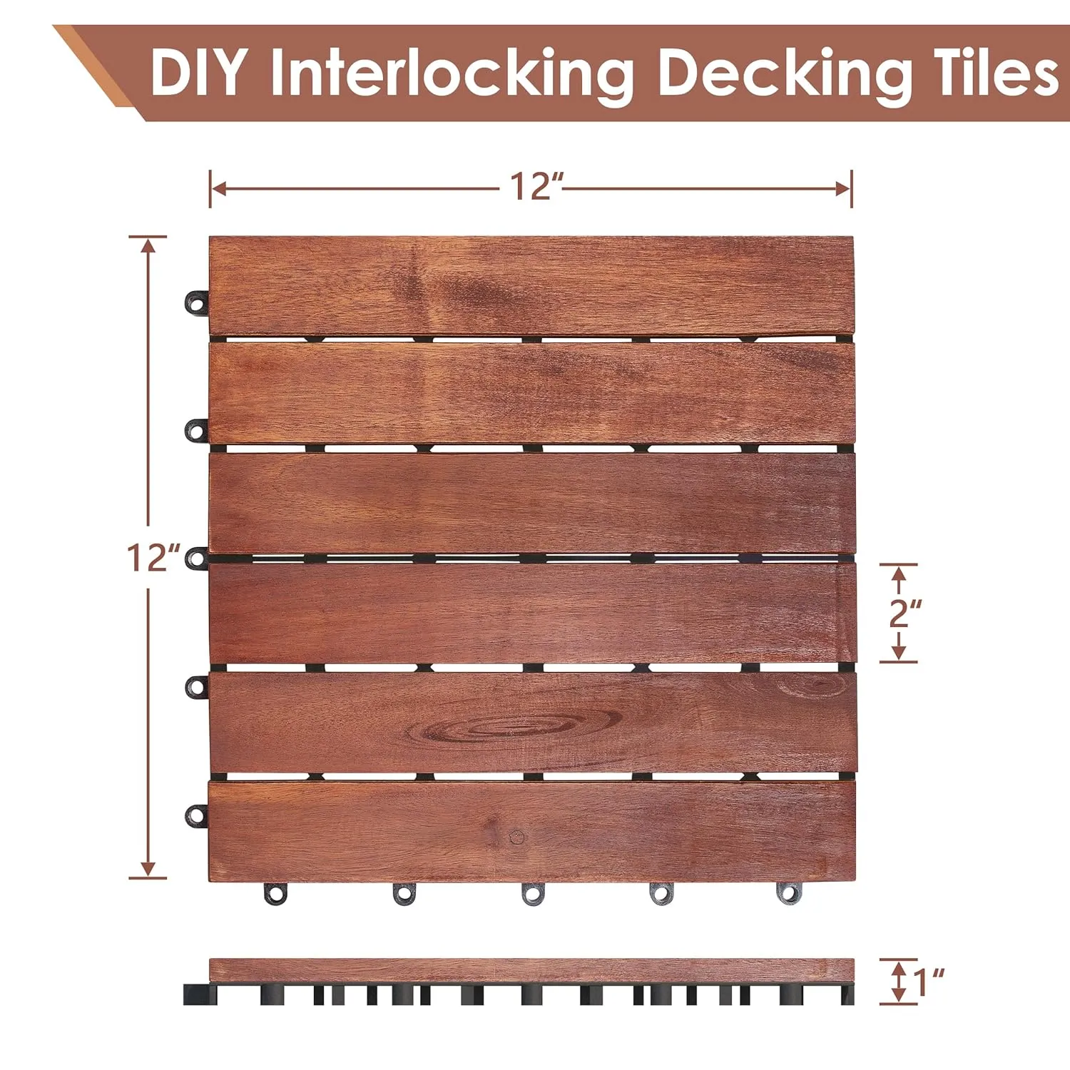 PrimeZone 162 PCS Solid Acacia Wood Interlocking Patio Deck Tiles - 12" x 12" Indoor Outdoor Waterproof Flooring Tiles for Balcony, Backyard, Garden & Poolside, All Weather Use, Brown