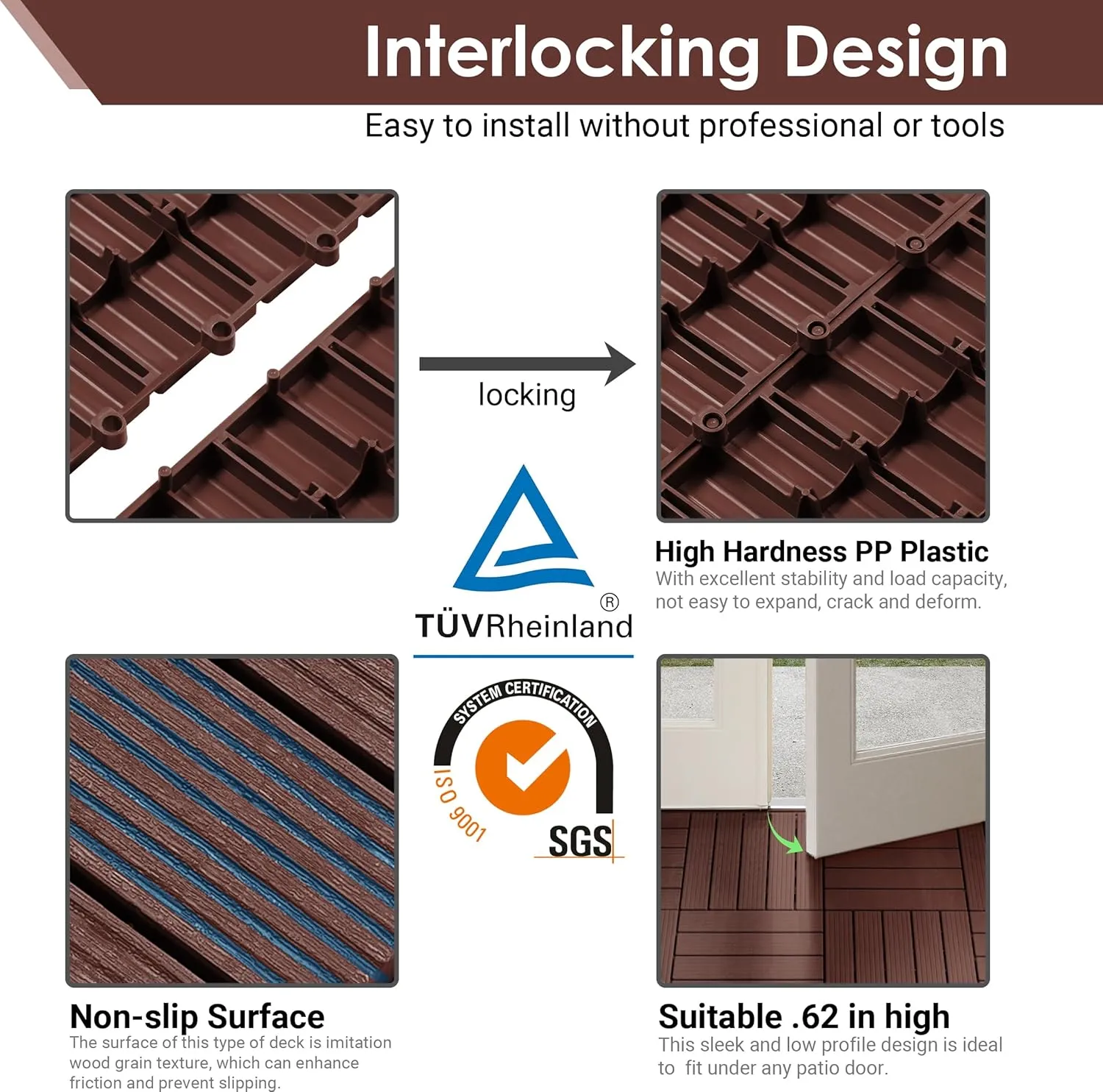 PrimeZone 27 PCS Plastic Interlocking Patio Deck Tiles - 12" x 12" Waterproof Indoor Outdoor Flooring, Patio Floor Decking for Balcony, Backyard, Garden & Poolside, All Weather Use, Dark Brown