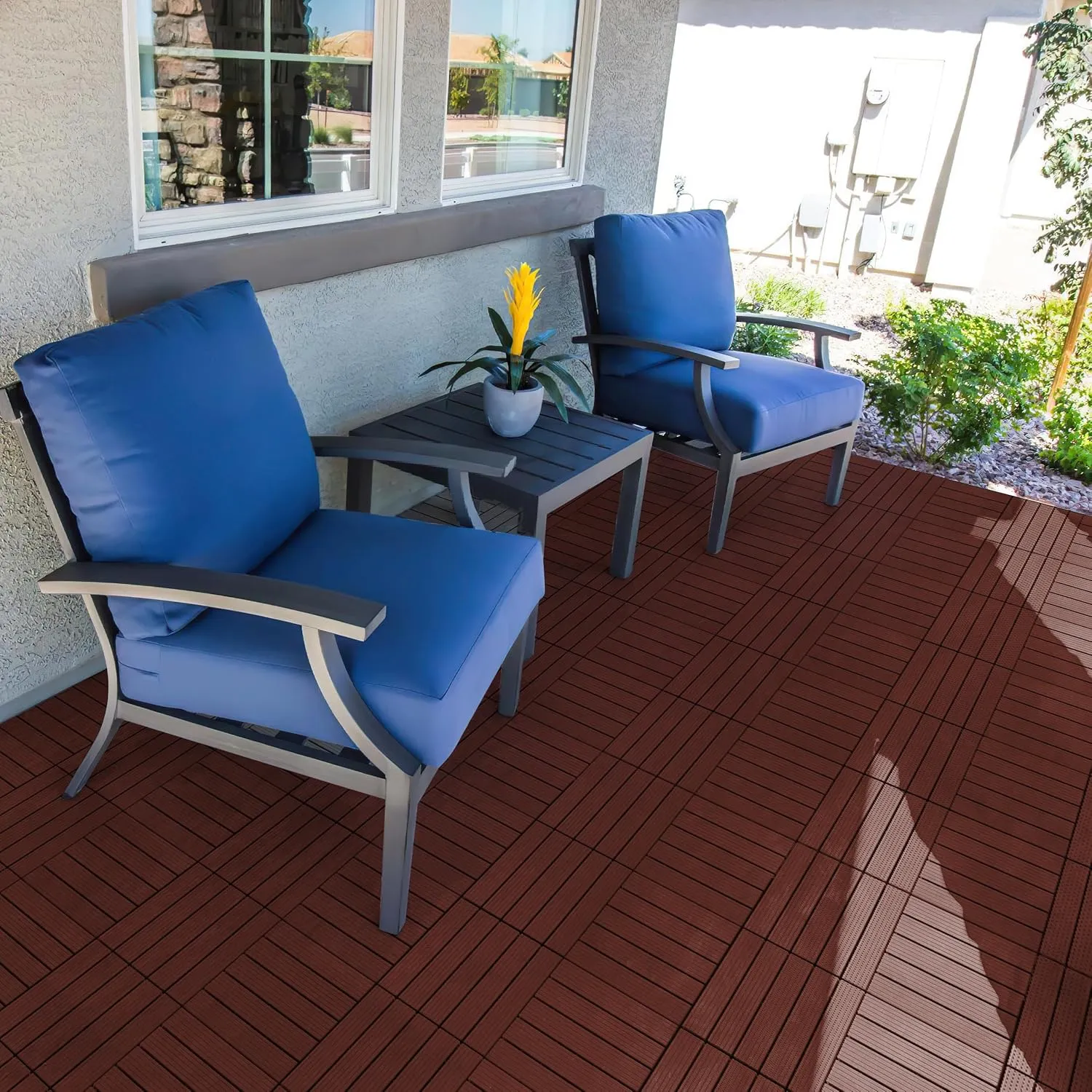 PrimeZone 27 PCS Plastic Interlocking Patio Deck Tiles - 12" x 12" Waterproof Indoor Outdoor Flooring, Patio Floor Decking for Balcony, Backyard, Garden & Poolside, All Weather Use, Dark Brown