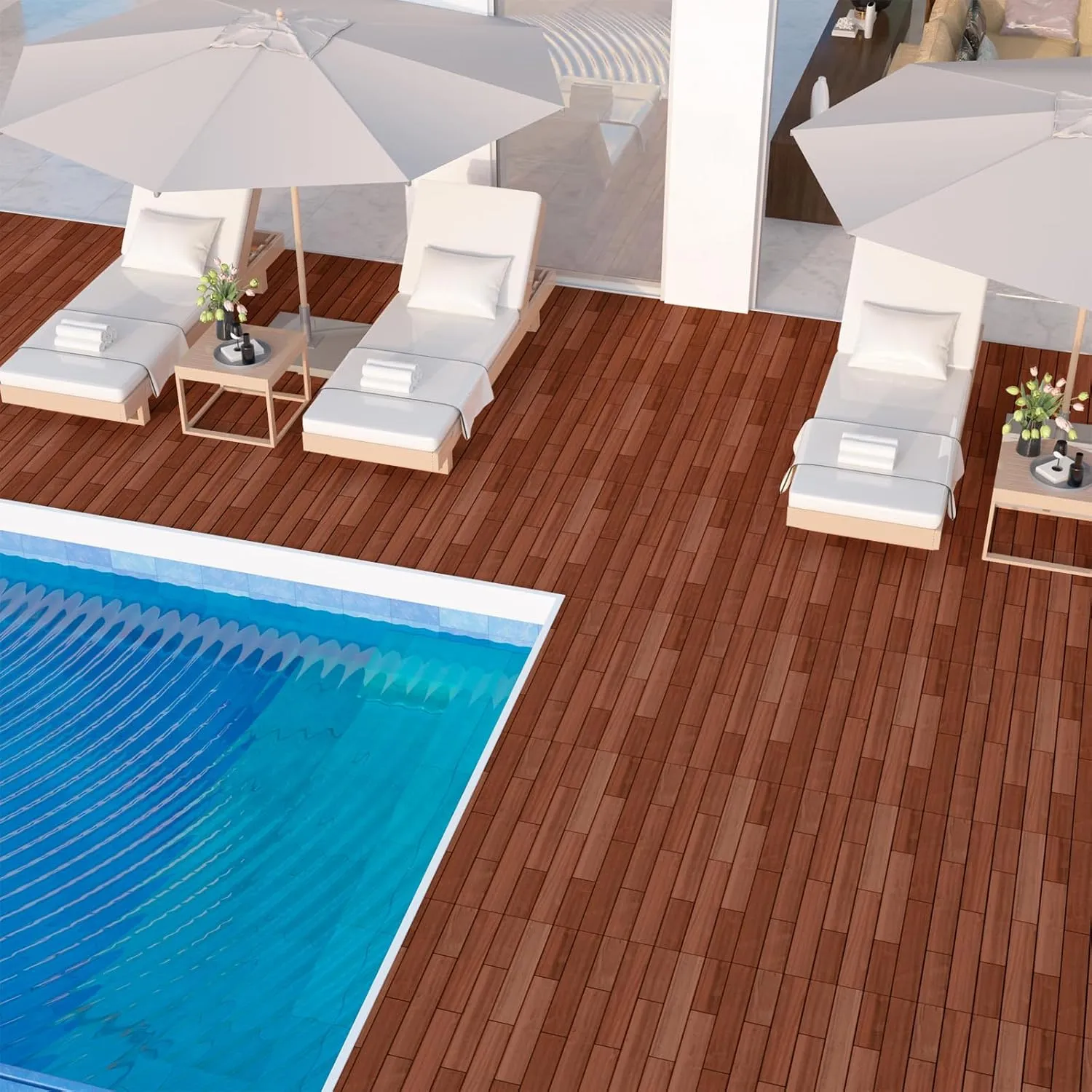 PrimeZone 48PCS 24" x 12" Long Solid Acacia Wood Interlocking Deck Tiles for 96 Sq Ft - Indoor Outdoor Waterproof Hardwood Flooring for Pathway, Poolside, Backyard & Patio, Brown