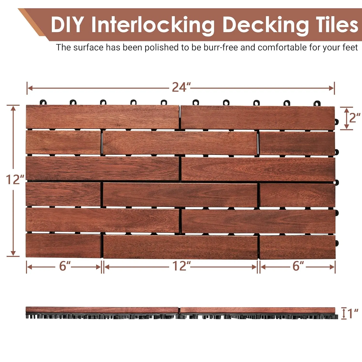 PrimeZone 48PCS 24" x 12" Long Solid Acacia Wood Interlocking Deck Tiles for 96 Sq Ft - Indoor Outdoor Waterproof Hardwood Flooring for Pathway, Poolside, Backyard & Patio, Brown