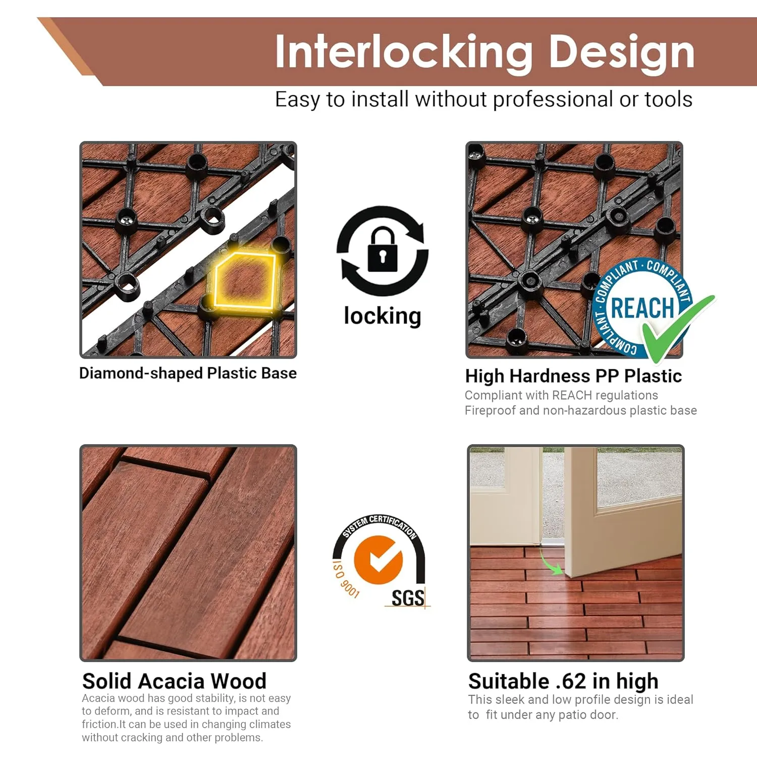 PrimeZone 48PCS 24" x 12" Long Solid Acacia Wood Interlocking Deck Tiles for 96 Sq Ft - Indoor Outdoor Waterproof Hardwood Flooring for Pathway, Poolside, Backyard & Patio, Brown