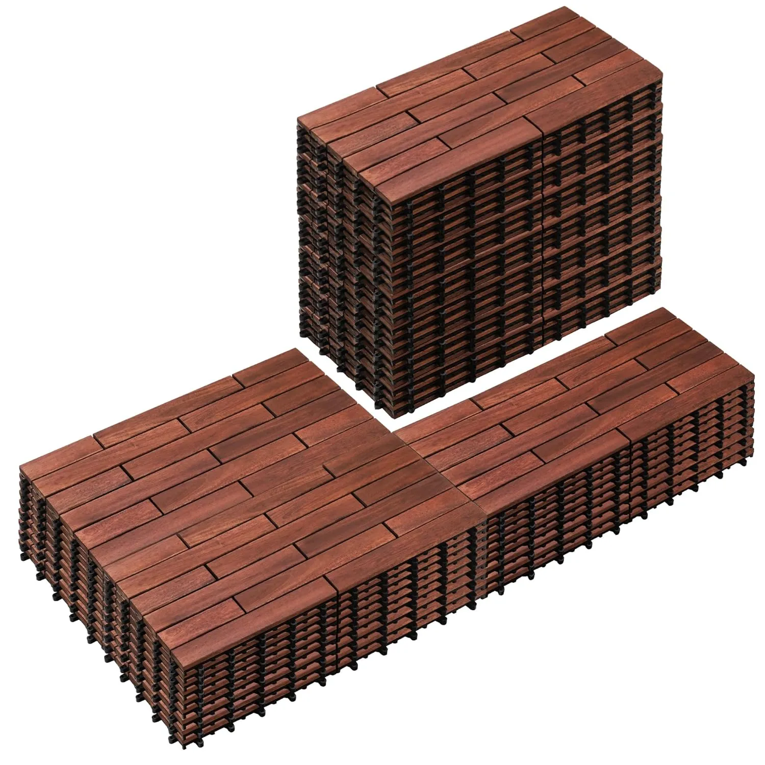 PrimeZone 48PCS 24" x 12" Long Solid Acacia Wood Interlocking Deck Tiles for 96 Sq Ft - Indoor Outdoor Waterproof Hardwood Flooring for Pathway, Poolside, Backyard & Patio, Brown