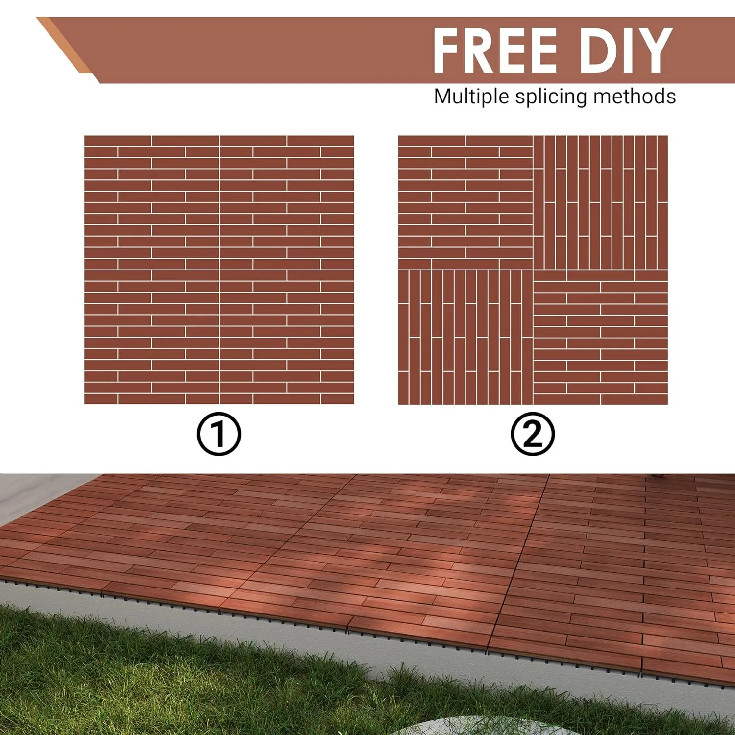 PrimeZone 48PCS 24" x 12" Long Solid Acacia Wood Interlocking Deck Tiles for 96 Sq Ft - Indoor Outdoor Waterproof Hardwood Flooring for Pathway, Poolside, Backyard & Patio, Brown
