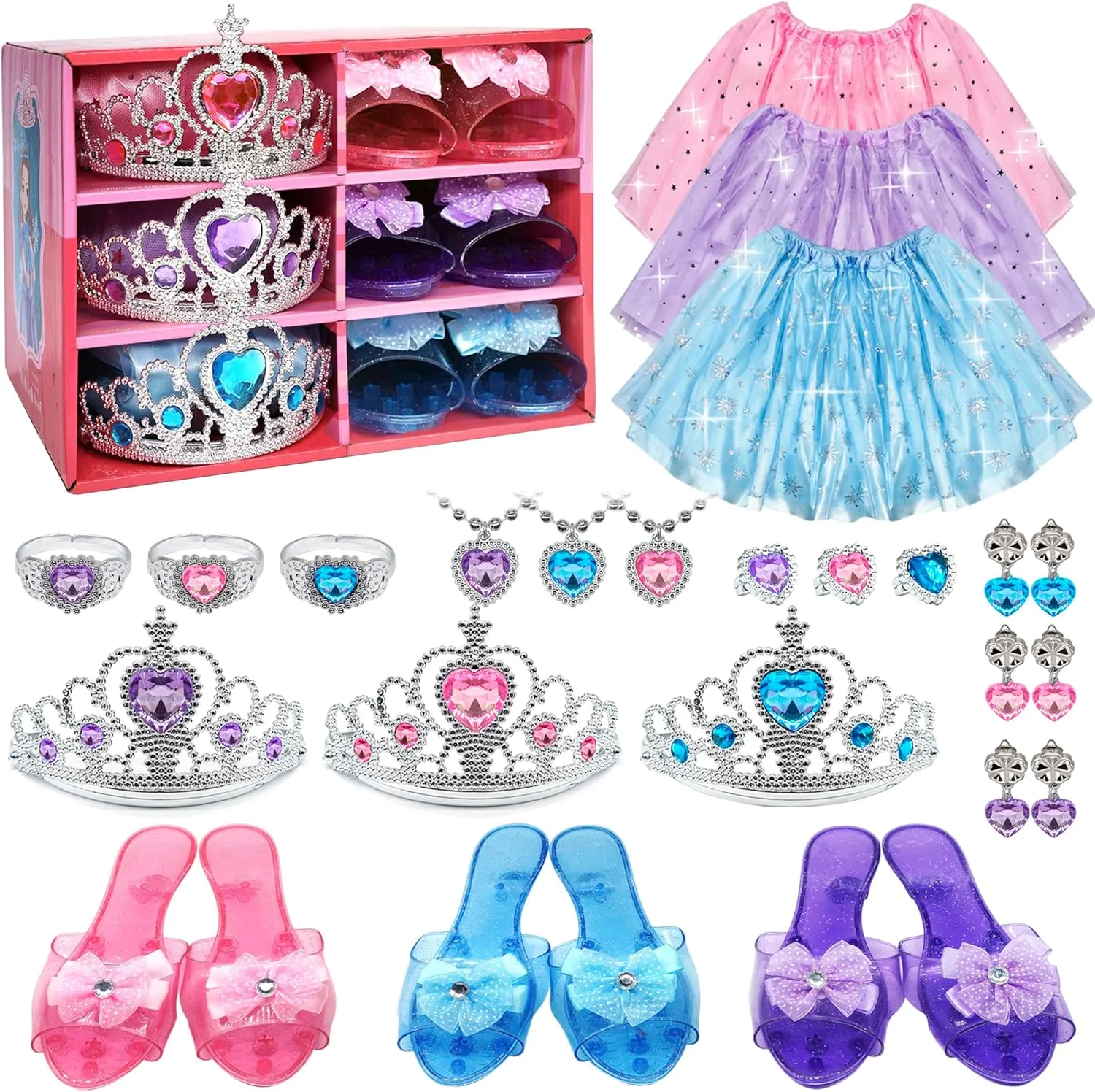 Princess Dress Up Shoes Jewelry Set, Toys for Girls Shoes Costumes Set incl Color Skirts, Shoes, Crowns, Earring, Bracelet, Ring, Kids Christmas Party Role Play Birthday Gifts for 3-6 Year Old Girl