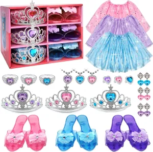 Princess Dress Up Shoes Jewelry Set, Toys for Girls Shoes Costumes Set incl Color Skirts, Shoes, Crowns, Earring, Bracelet, Ring, Kids Christmas Party Role Play Birthday Gifts for 3-6 Year Old Girl