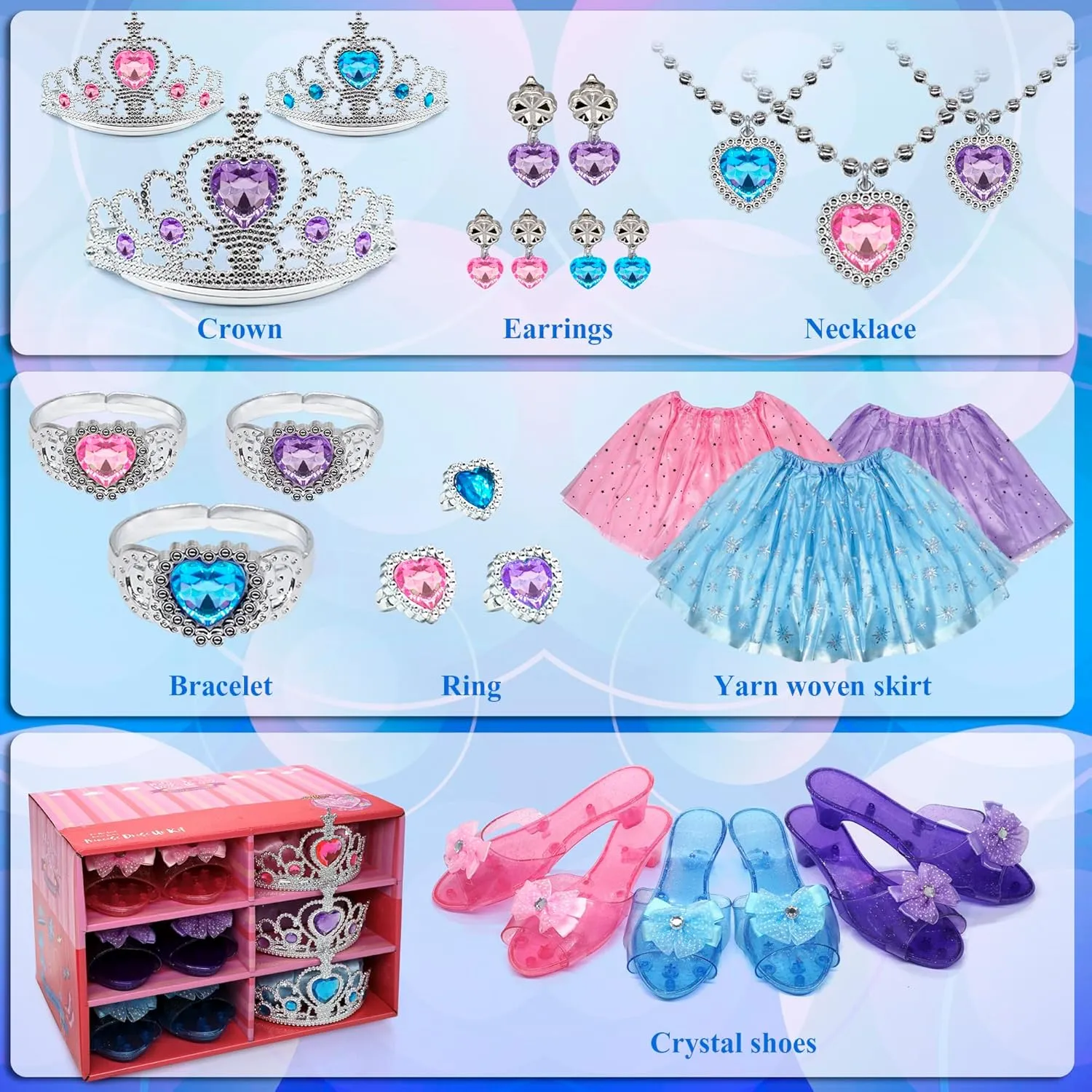 Princess Dress Up Shoes Jewelry Set, Toys for Girls Shoes Costumes Set incl Color Skirts, Shoes, Crowns, Earring, Bracelet, Ring, Kids Christmas Party Role Play Birthday Gifts for 3-6 Year Old Girl