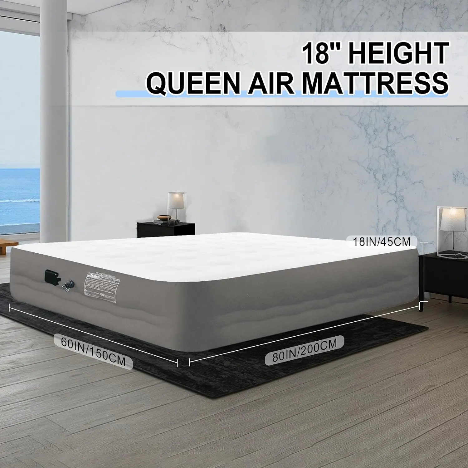 Queen Grey Air Mattress with Built-in Pump - 18 Inch Raised Height, Velvet Plush Sleeping Surface & Durable Polyester Pique Border-Portable Inflatable Bed for Camping,Home,Guests and Trave.