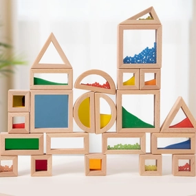 Rainbow Sensory Toys Blocks,15 Large Pcs Wooden Building Blocks for Toddlers Baby Kids,Colorful Geometric Stacking Toys, Preschool Educational Toy Set
