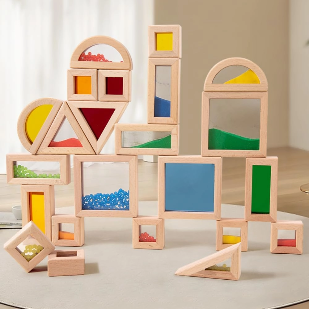 Rainbow Sensory Toys Blocks,15 Large Pcs Wooden Building Blocks for Toddlers Baby Kids,Colorful Geometric Stacking Toys, Preschool Educational Toy Set