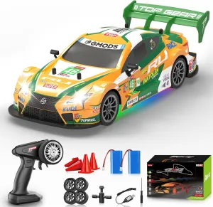 RC Drift Car 1:16, 2.4GHz 4WD Remote Control Car, 30 KM/H High Speed Drifting RC Cars with LED Lights Two Batteries and Drift Tires Racing Cars for Adults Boys Kids, Green