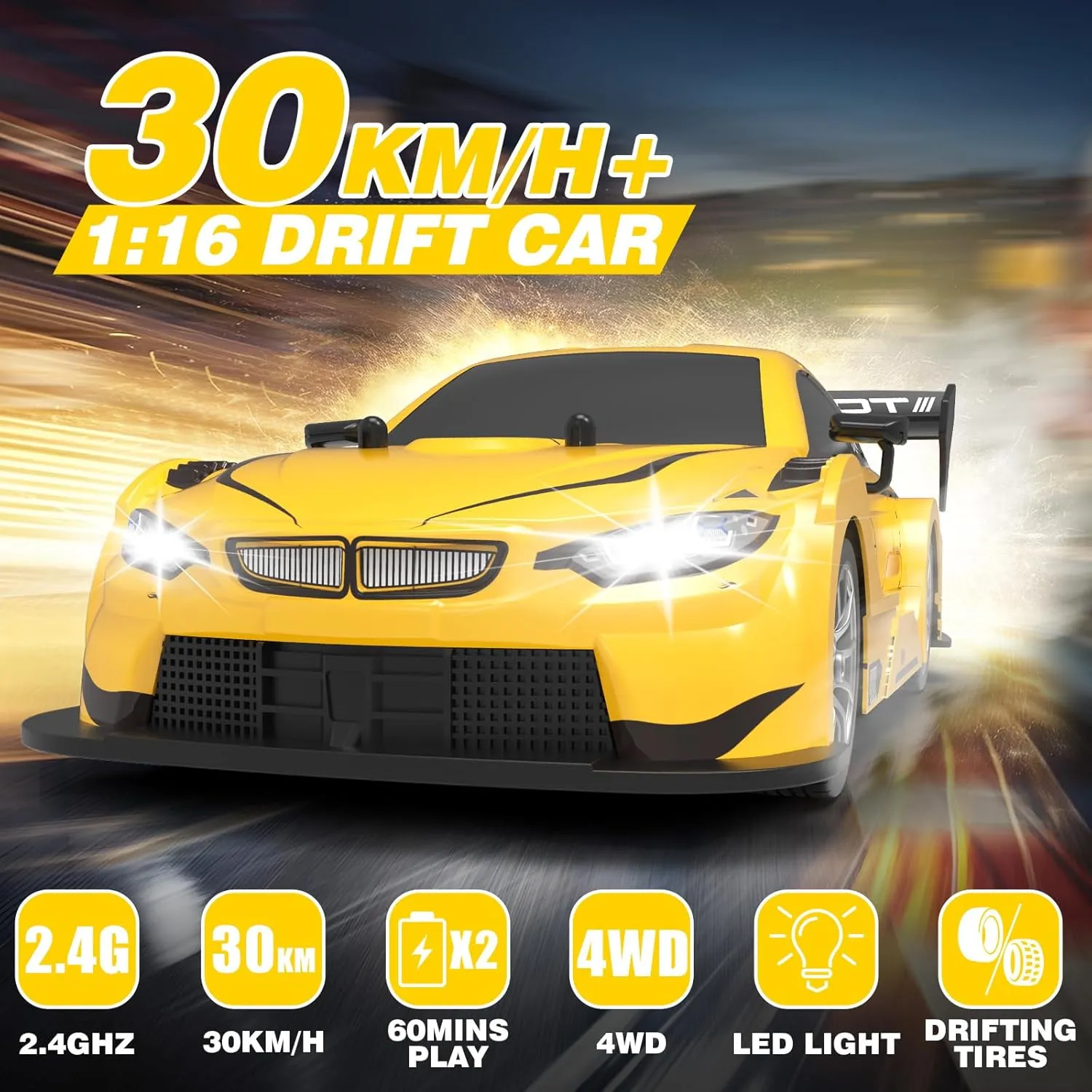 RC Drift Car 1:16, 2.4GHz 4WD Remote Control Car, 30 KM/H High Speed Drifting RC Cars with LED Lights Two Batteries and Drift Tires Racing Cars for Adults Boys Kids, Yellow