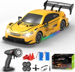 RC Drift Car 1:16, 2.4GHz 4WD Remote Control Car, 30 KM/H High Speed Drifting RC Cars with LED Lights Two Batteries and Drift Tires Racing Cars for Adults Boys Kids, Yellow