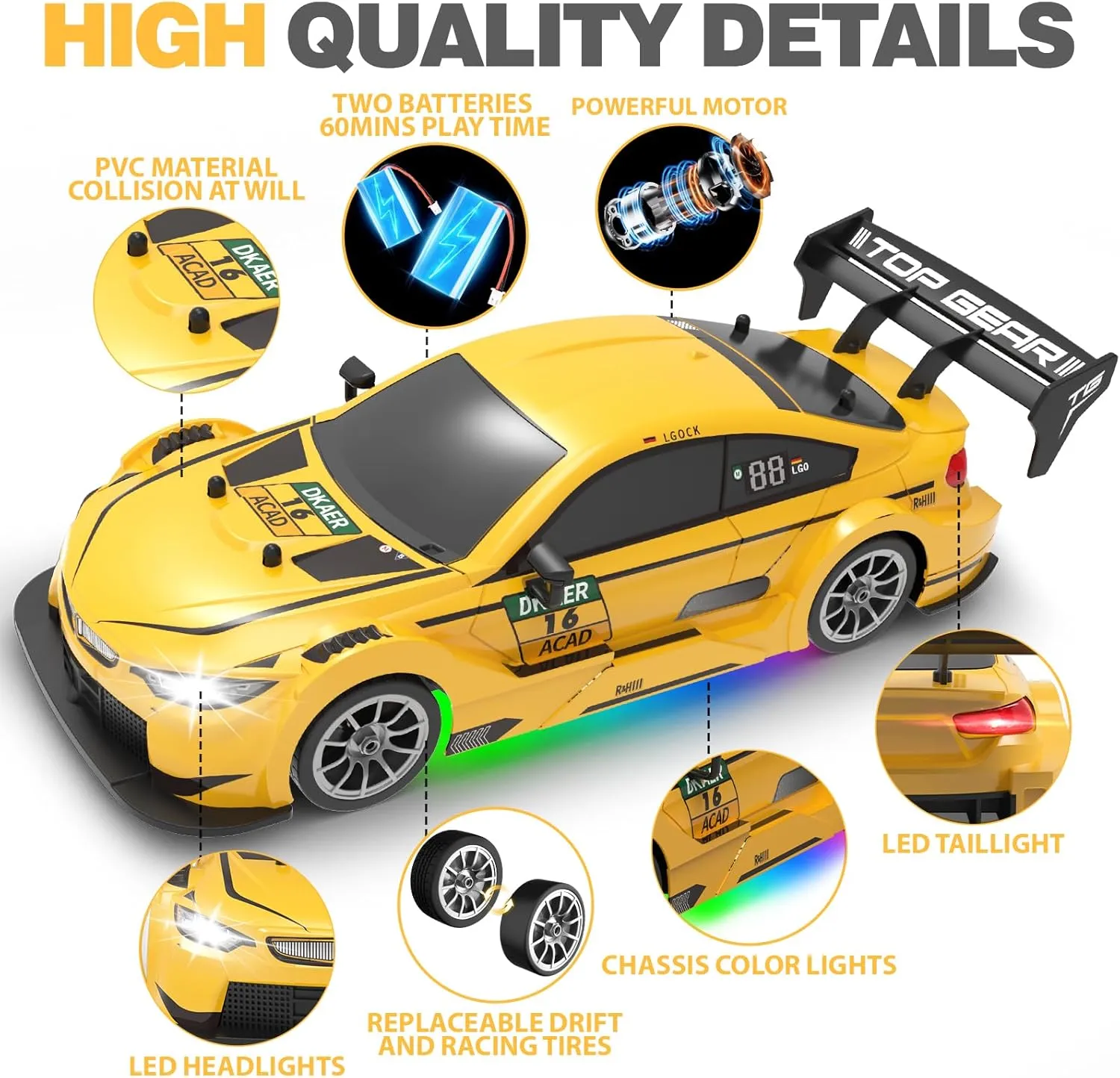 RC Drift Car 1:16, 2.4GHz 4WD Remote Control Car, 30 KM/H High Speed Drifting RC Cars with LED Lights Two Batteries and Drift Tires Racing Cars for Adults Boys Kids, Yellow