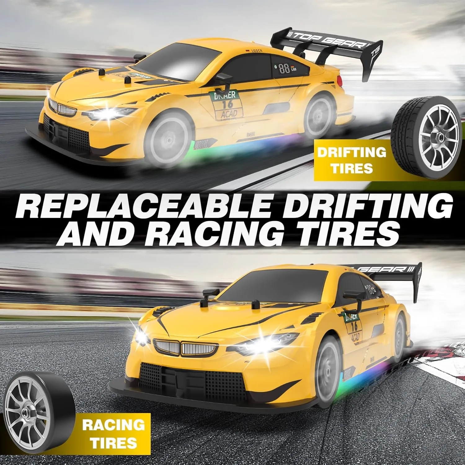 RC Drift Car 1:16, 2.4GHz 4WD Remote Control Car, 30 KM/H High Speed Drifting RC Cars with LED Lights Two Batteries and Drift Tires Racing Cars for Adults Boys Kids, Yellow