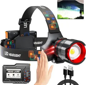 Rechargeable Headlamp with High Lumens - Super Bright LED Headlight Featuring Motion Sensor, 12 Modes, IPX7 Waterproof, 125° Adjustable, Zoomable for Adults, Perfect for Camping, Cycling, Running