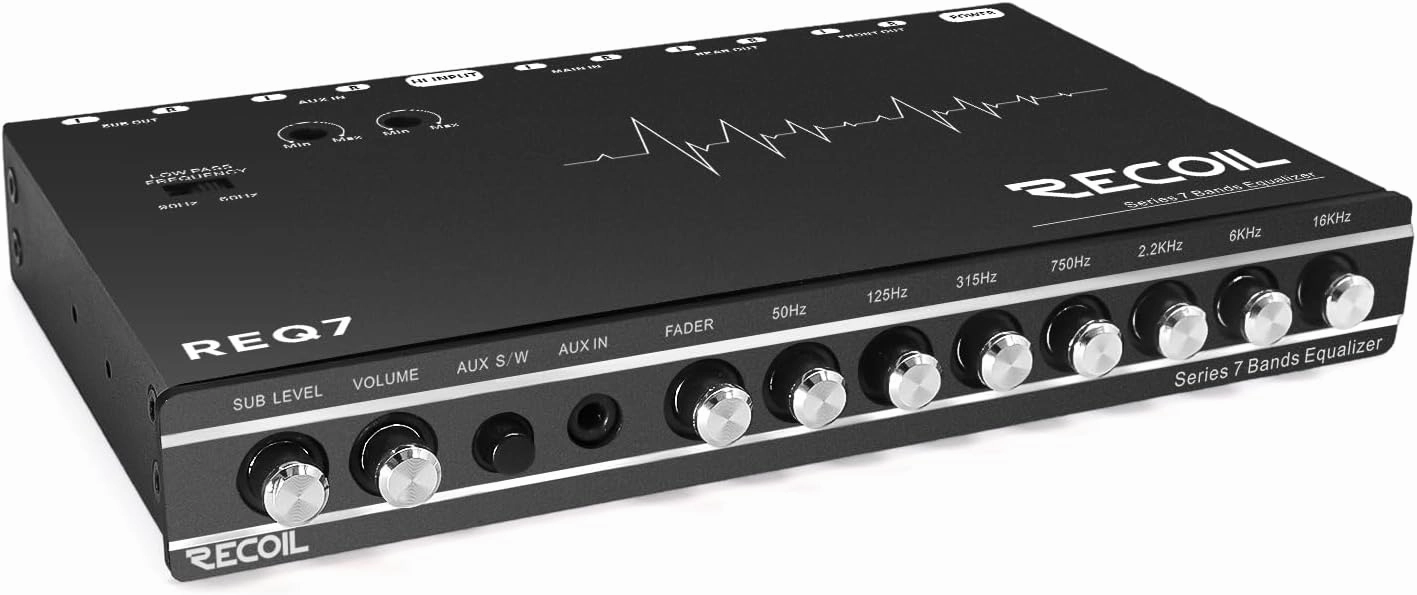 Recoil RE-Q7 7 Band 1/2 DIN Pre-Amp Car Audio Parametric Graphic Equalizer with RCA & Auxiliary Inputs, High Level Inputs, High Voltage RCA Outputs