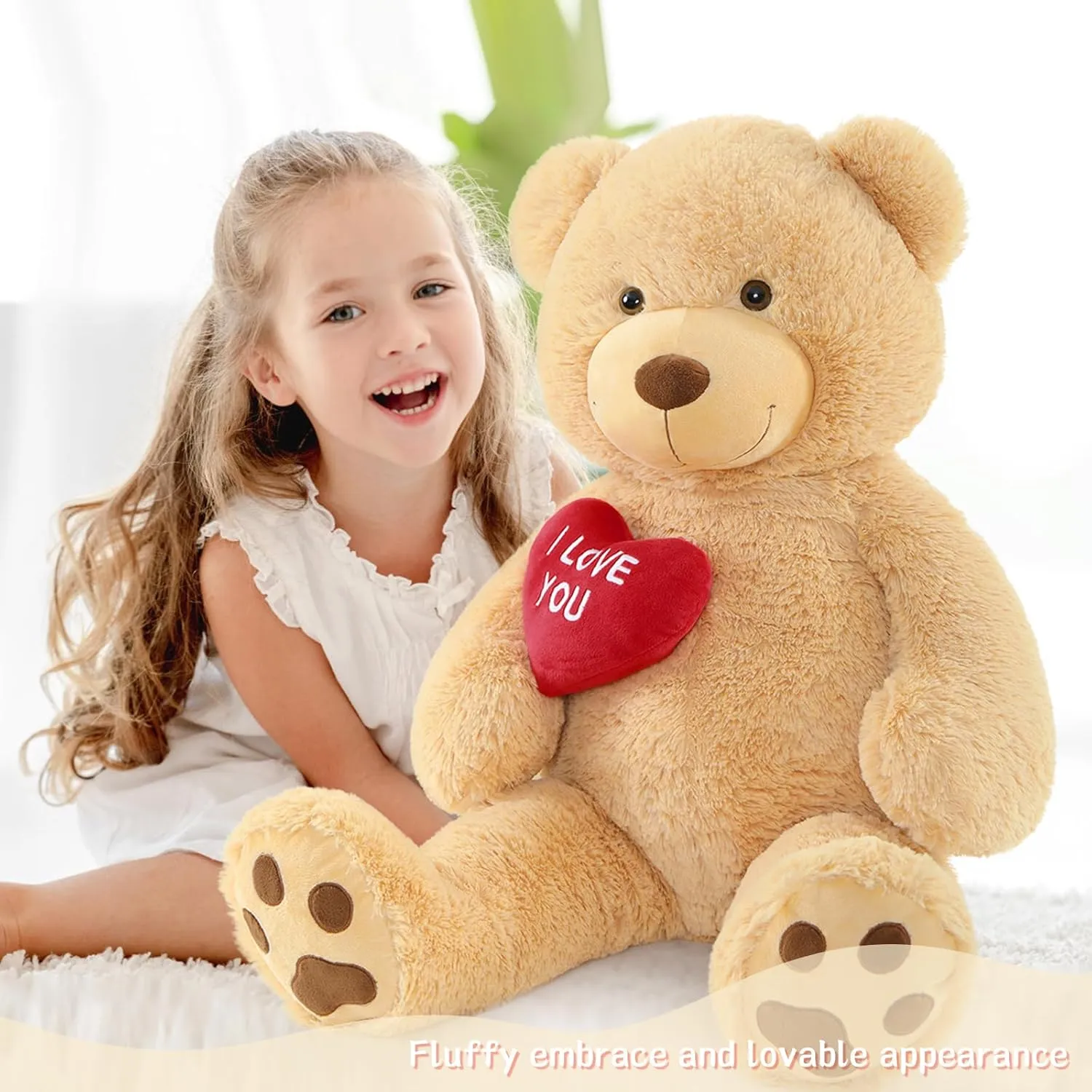 Red Heart Giant Teddy Bears, Brown Big Teddy Bear Stuffed Animals with Embroidered I Love You for Girlfriend, Large Valentines Fluffy Teddy Bear Birthday Gifts 36 inch
