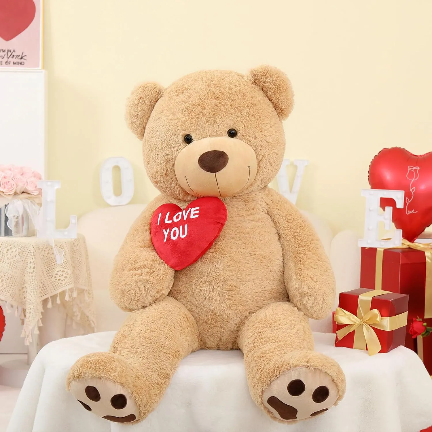 Red Heart Giant Teddy Bears, Brown Big Teddy Bear Stuffed Animals with Embroidered I Love You for Girlfriend, Large Valentines Fluffy Teddy Bear Birthday Gifts 36 inch