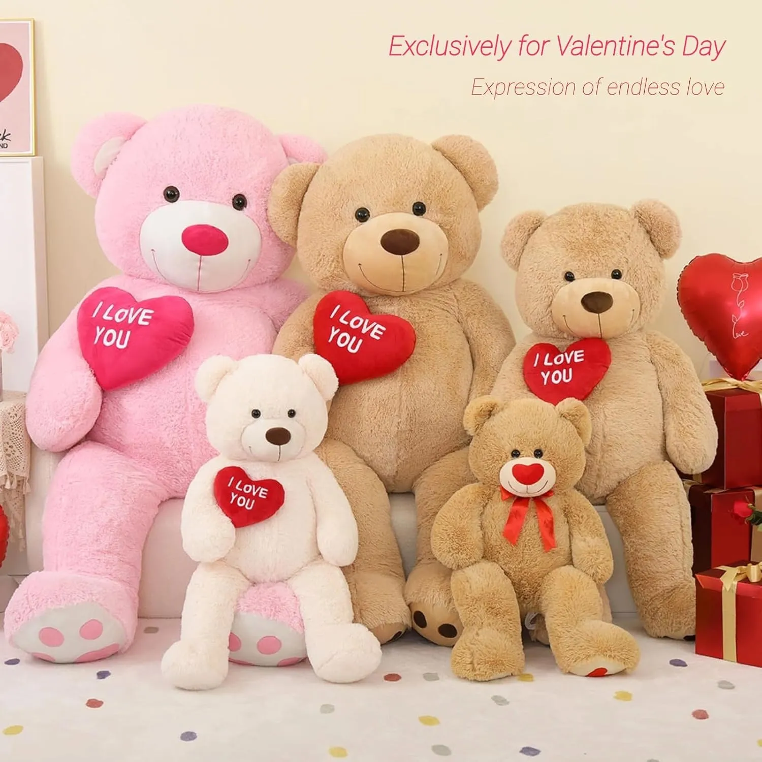 Red Heart Giant Teddy Bears, Brown Big Teddy Bear Stuffed Animals with Embroidered I Love You for Girlfriend, Large Valentines Fluffy Teddy Bear Birthday Gifts 36 inch