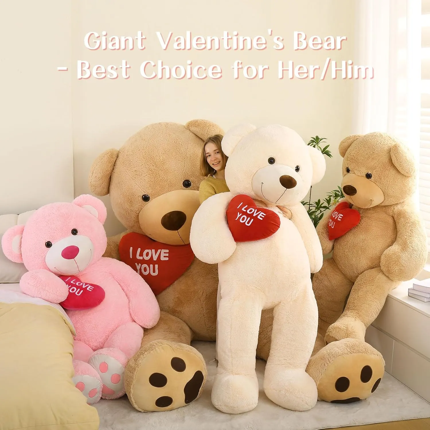 Red Heart Giant Teddy Bears, Brown Big Teddy Bear Stuffed Animals with Embroidered I Love You for Girlfriend, Large Valentines Fluffy Teddy Bear Birthday Gifts 36 inch