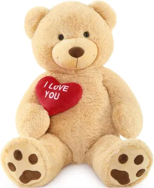 Red Heart Giant Teddy Bears, Brown Big Teddy Bear Stuffed Animals with Embroidered I Love You for Girlfriend, Large Valentines Fluffy Teddy Bear Birthday Gifts 36 inch