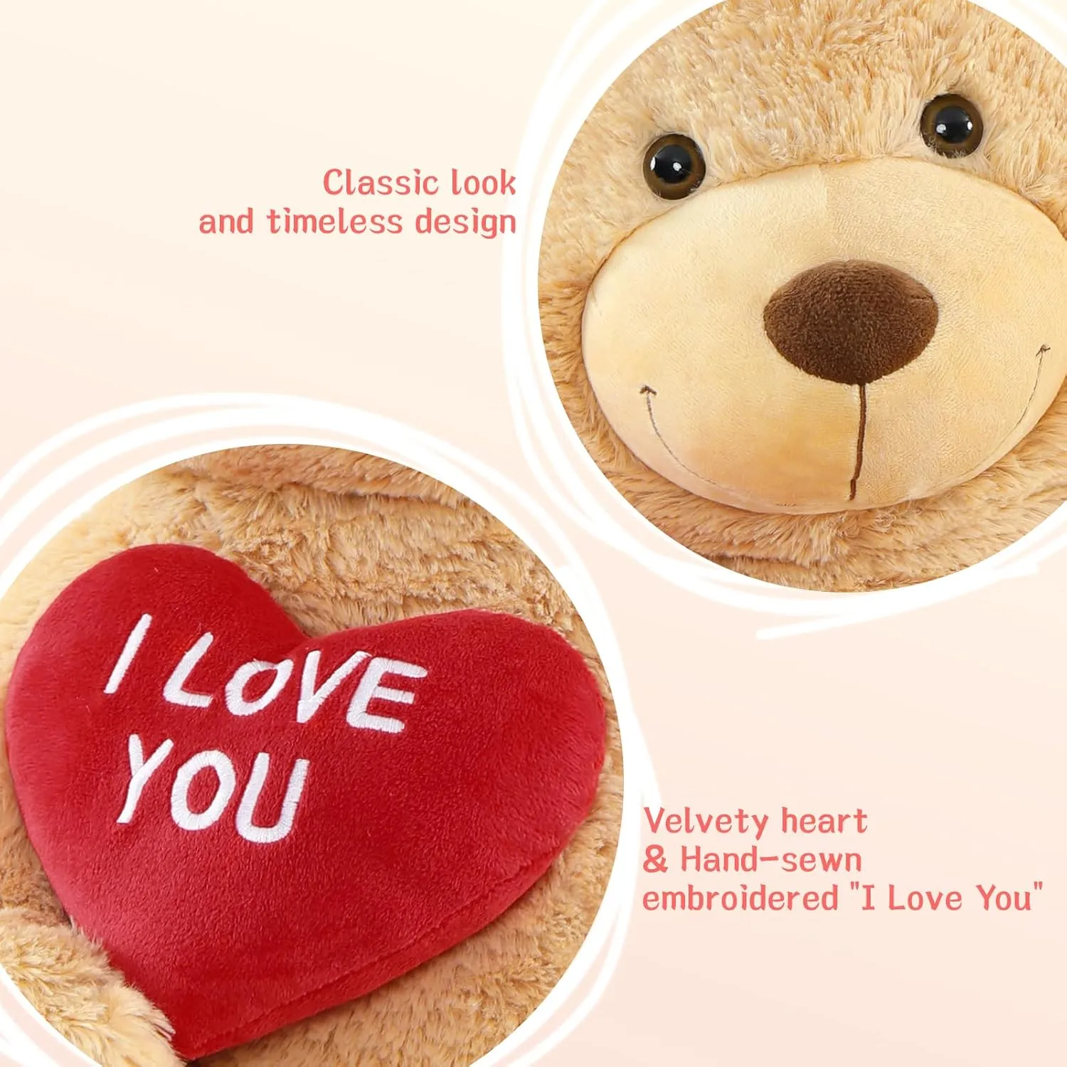 Red Heart Giant Teddy Bears, Brown Big Teddy Bear Stuffed Animals with Embroidered I Love You for Girlfriend, Large Valentines Fluffy Teddy Bear Birthday Gifts 36 inch