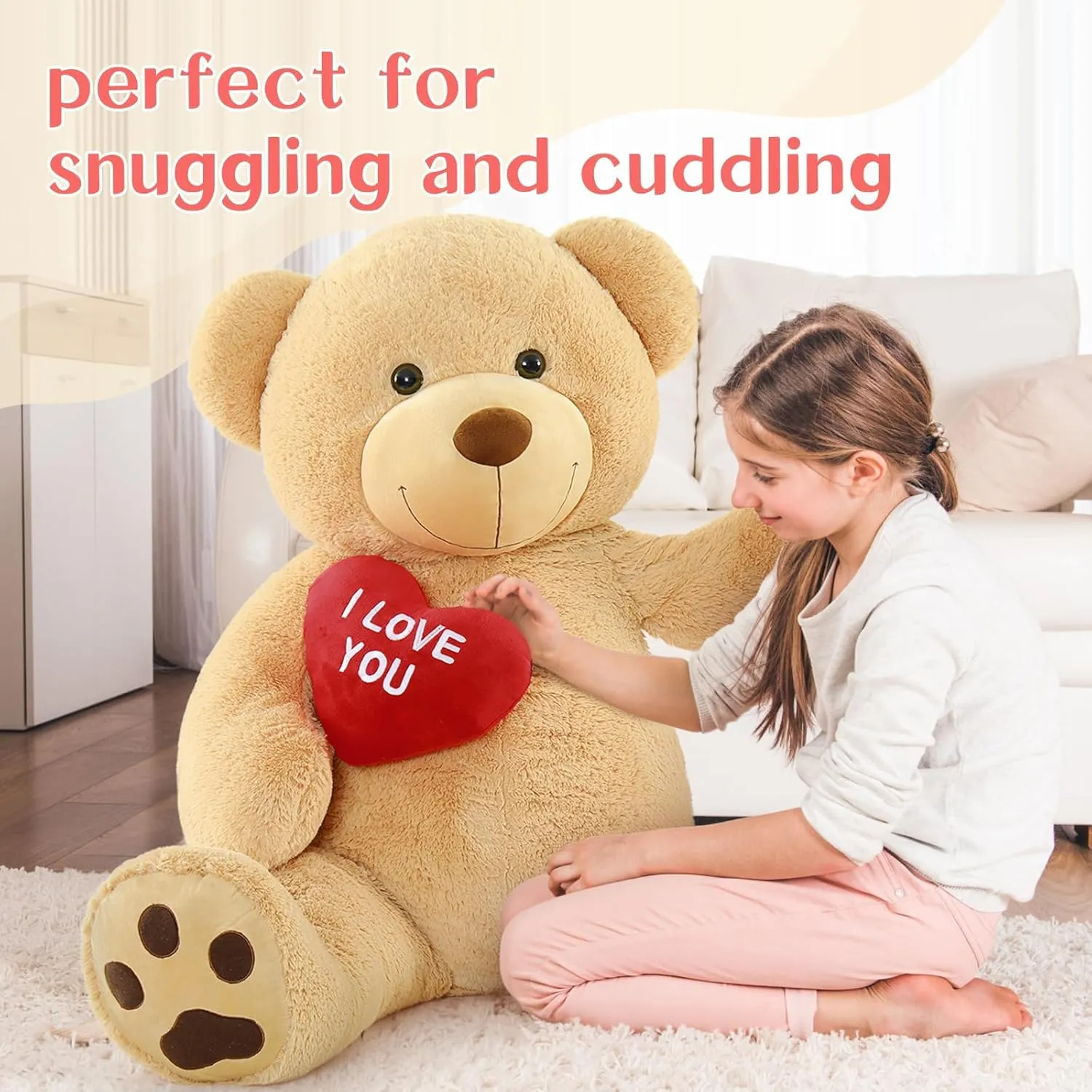 Red Heart Giant Teddy Bears, Brown Big Teddy Bear Stuffed Animals with Embroidered I Love You for Girlfriend, Large Valentines Fluffy Teddy Bear Birthday Gifts 36 inch