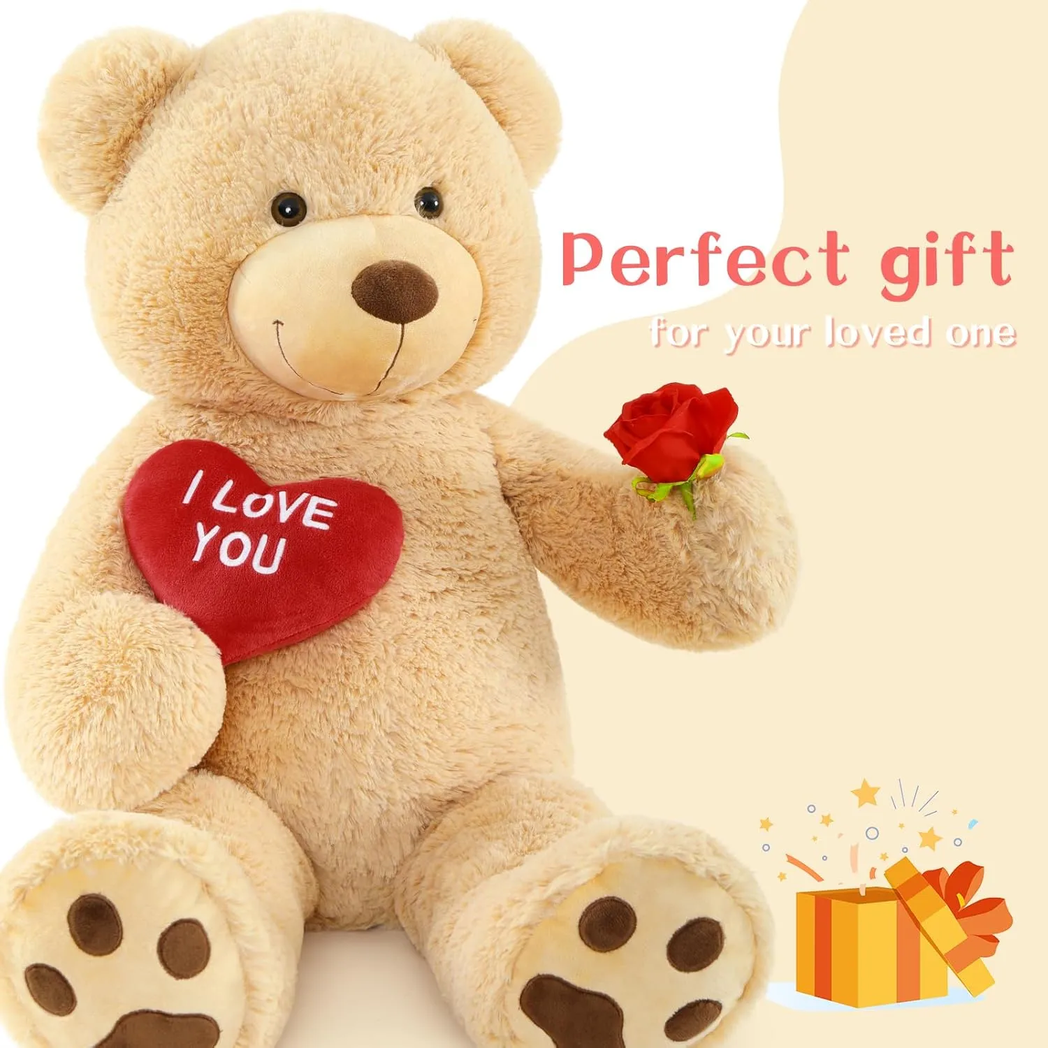 Red Heart Giant Teddy Bears, Brown Big Teddy Bear Stuffed Animals with Embroidered I Love You for Girlfriend, Large Valentines Fluffy Teddy Bear Birthday Gifts 36 inch