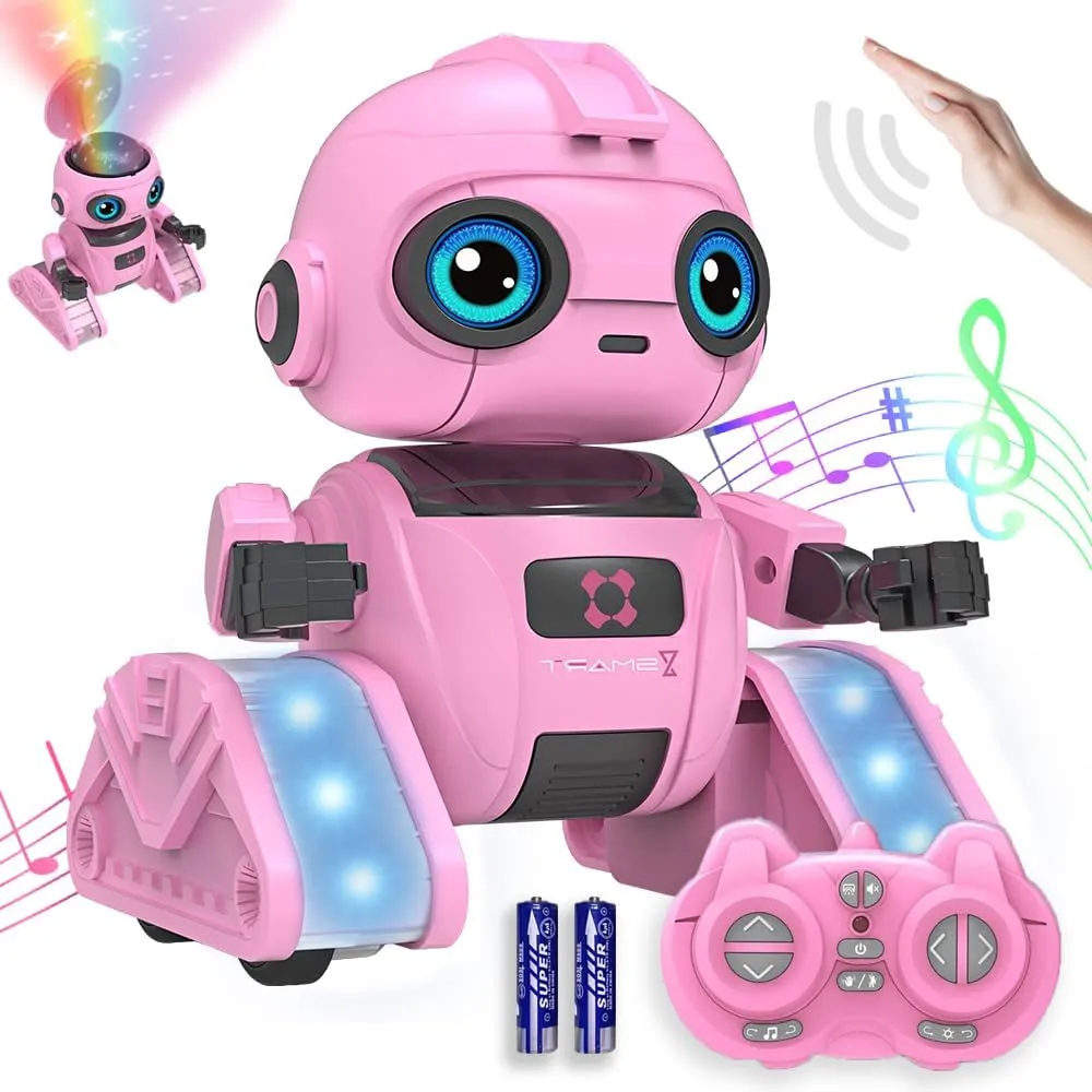 Remote Control Starlight Projection Robot Toys, Gesture Sensing/RC Dual Control Rechargeable Robots for 3-9 Years Kids，Music and Lights,Dance，Charging Safety，Gift for Girls/Boys (Pink)