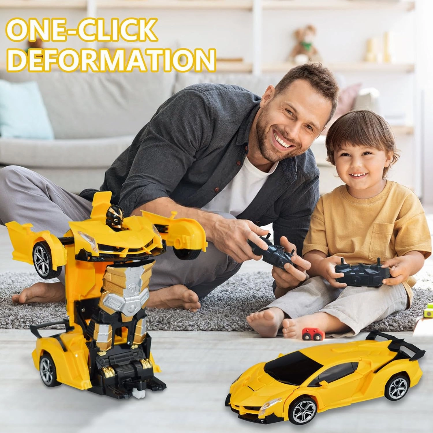 Remote Control Car Transform Robot Car, One Click Deformation, 2.4Ghz Anti-Jamming, 360 Degree Rotation Drift, Christmas Birthday Gift Toys for 3,4,5,6,7,8 Years Old Boys Girls (Yellow)