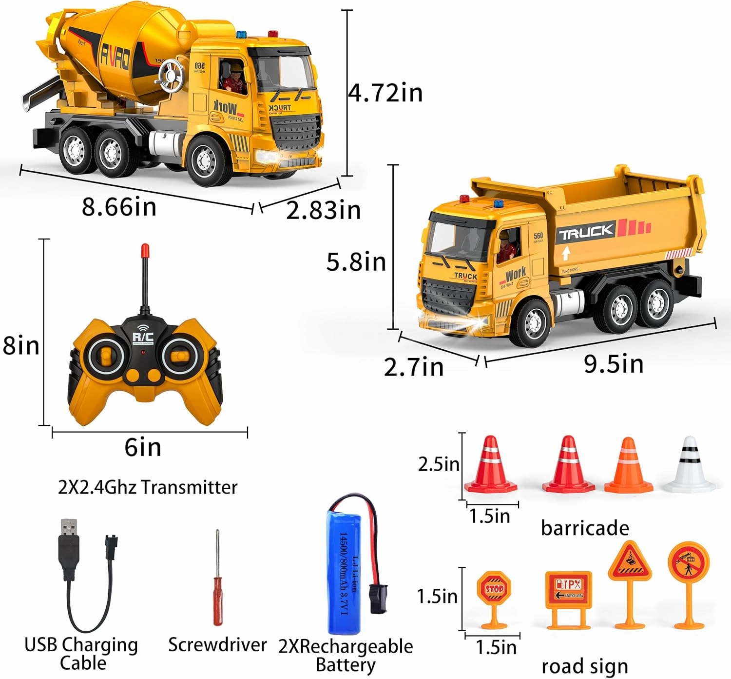 Remote Control Construction Dump Truck and Cement Mixer for Boys 6-12 Imaginative Play Sand Toys for Birthday Gift for Boys and Girls