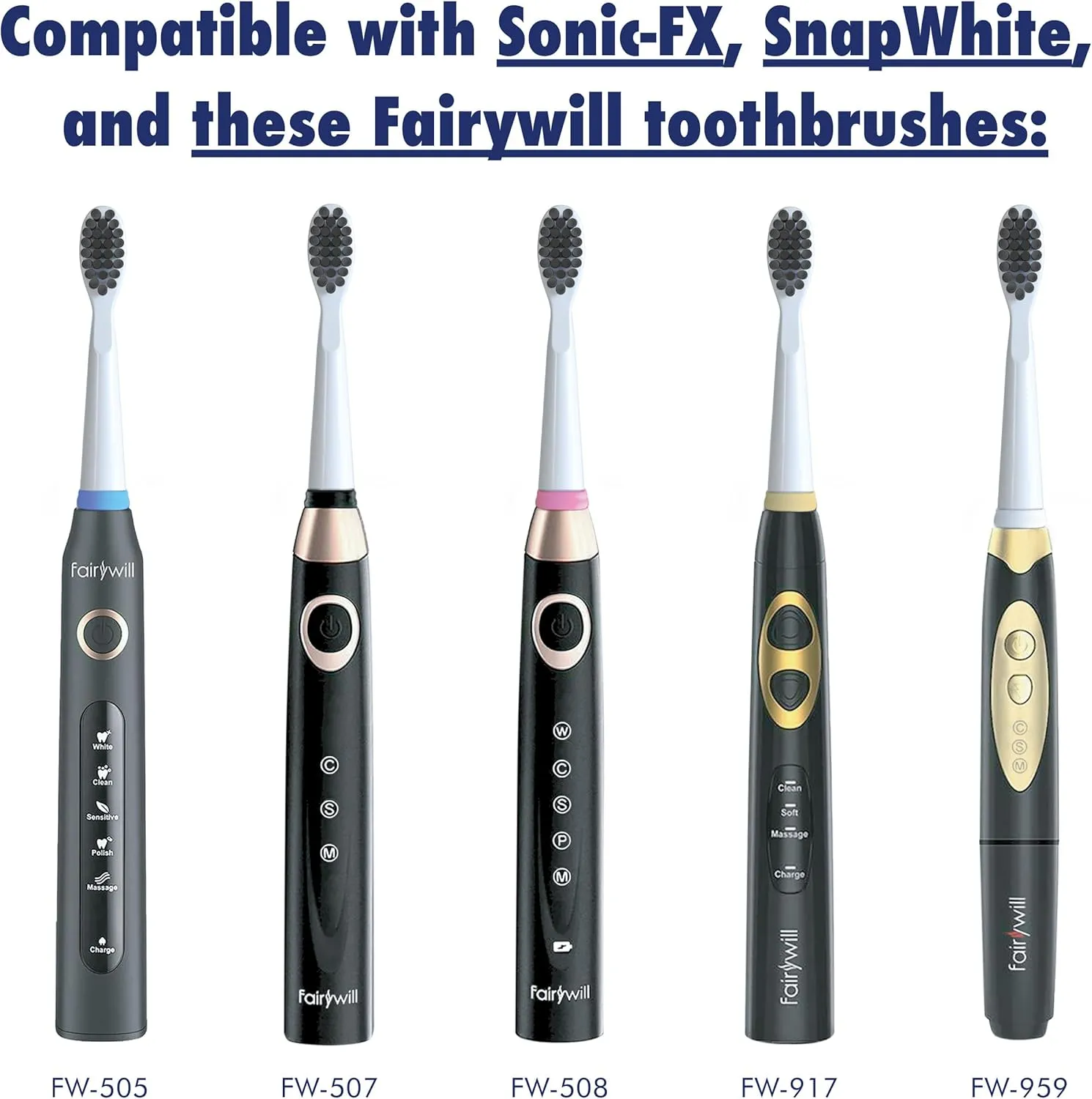 Replacement Electric Toothbrush Heads for Fairywill, Sonic-FX, SnapWhite – Soft Nylon Charcoal Bristle Twist Lock Replacement Tooth Brush Head, Compatible with Electric Toothbrushes (White, Pack of 8)