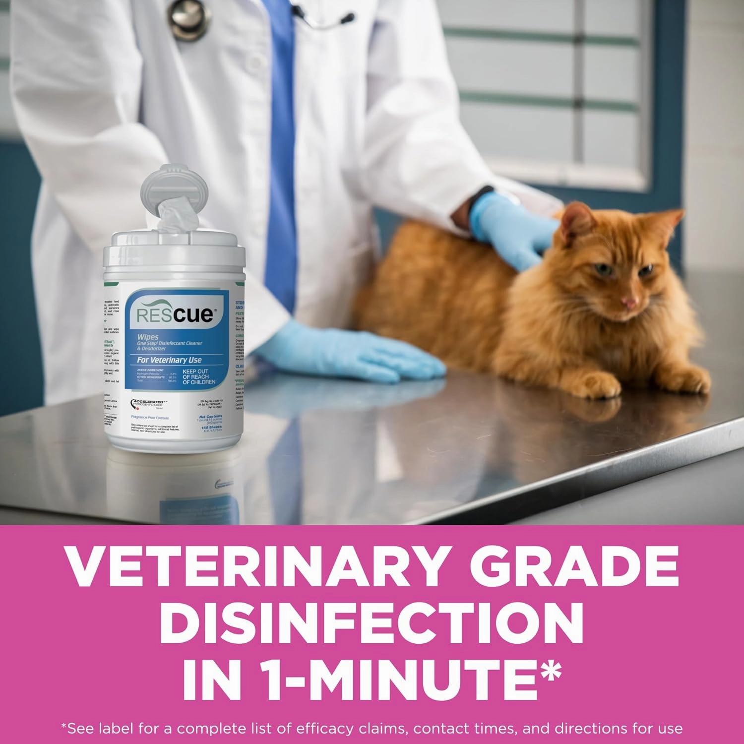 REScue One-Step Disinfectant Cleaner & Deodorizer Wipes for Vet Use – Cleaner for Kennels, Litter Boxes, Vet Offices, Pet Grooming Surfaces, Pet Items – Wipes Canister, 160-Count (Pack of 1)