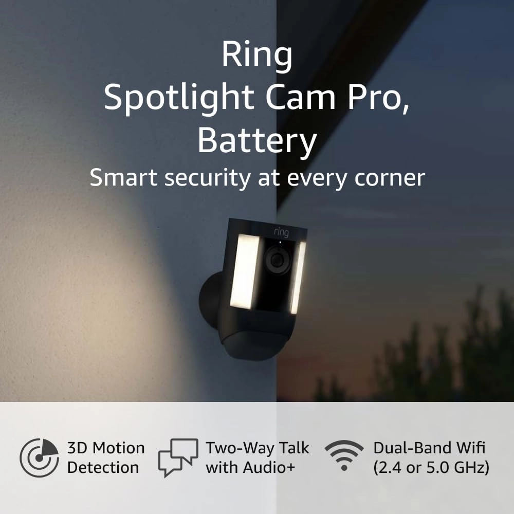 Ring Spotlight Cam Pro, Battery | 3D Motion Detection, Two-Way Talk with Audio , and Dual-Band Wifi (2022 release) - Black