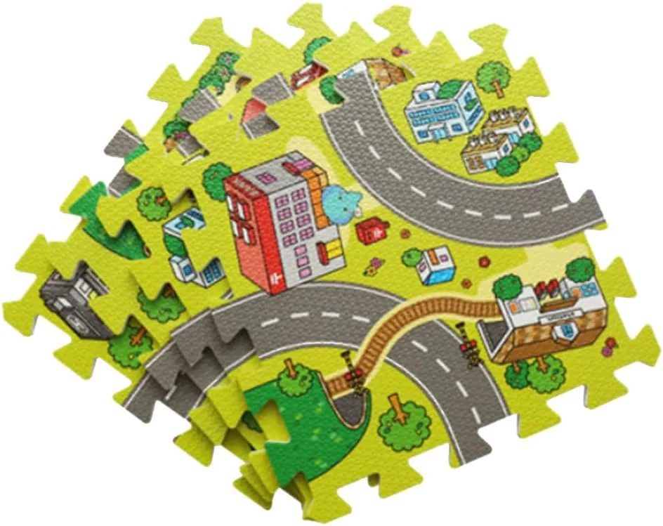 Road Rally Play Foam Floor Tiles for Kids, 35"x35" Large 9 Piece Interlocking Foam Mats Soft Alternative to Race Track Rug, Great for Playing with Toy Cars Trucks(#1)