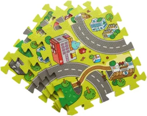 Road Rally Play Foam Floor Tiles for Kids, 35"x35" Large 9 Piece Interlocking Foam Mats Soft Alternative to Race Track Rug, Great for Playing with Toy Cars Trucks(#1)
