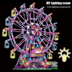 Rotating Ferris Wheel Building Blocks Kit,with Lights Amusement Park Building Construction Toys Set for 6  Year Boys.Girls.Adult(870 Pieces) Pink