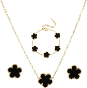 RWQIAN 3 PCS Black Clover Bracelets Set,Gold Plated Clover Necklace Earring Adjustable Bracelets for Women,Lucky Five leaf Clover bracelets with Design Clover Choker,Charm Jewelry Set